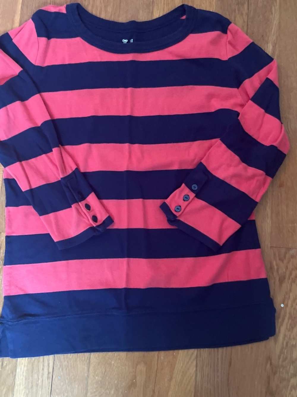 GAP Ladies Bold Coral Pink & Navy Striped 3/4 Long Sleeve Tee